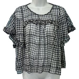 Zara Navy Blue White Gingham Sequin Flutter Sleeve Sheer Peplum Blouse size M